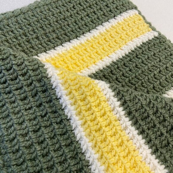 Handmade Crochet striped Blanket Green Yellow White Waffle Soft Warm throw - Picture 4 of 12